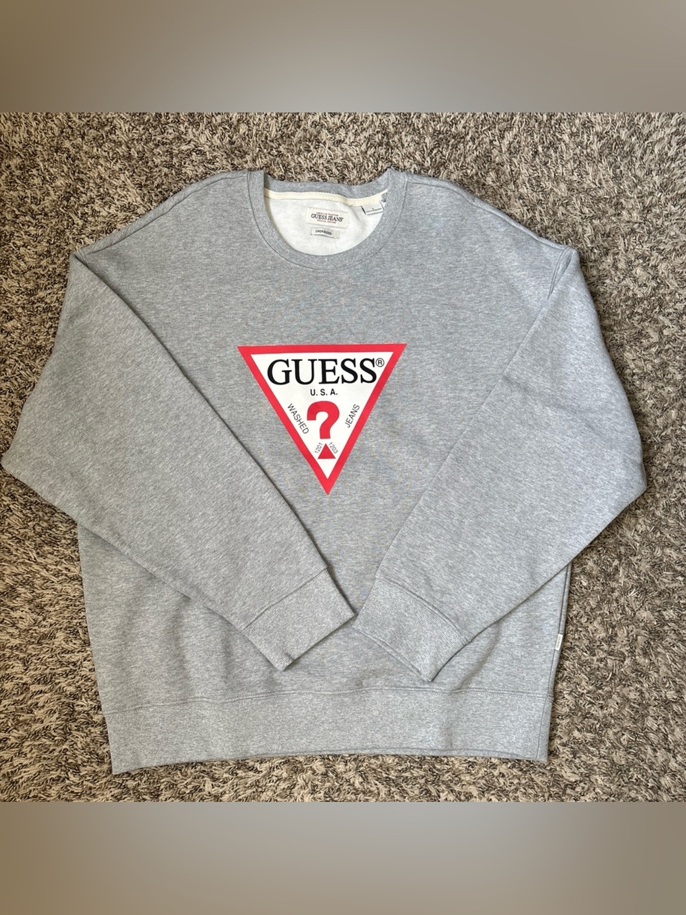 GUESS Gray Crewneck Sweatshirt with Red Triangle Logo